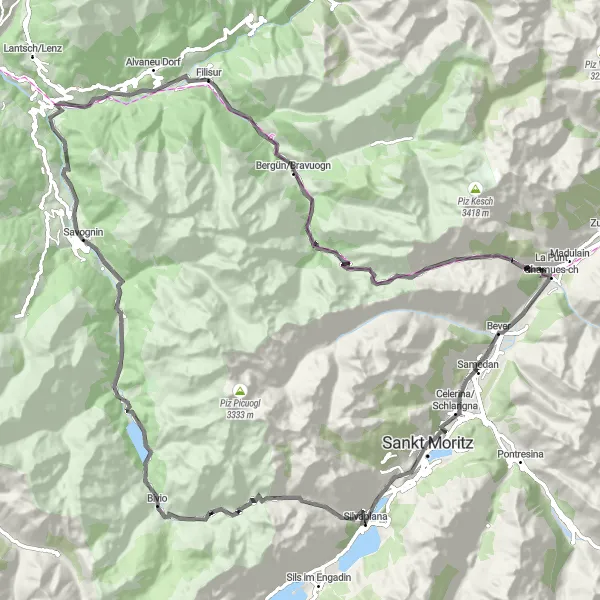 Kartminiatyr av "Eventyrlig Veistur - Samedan til Bever" sykkelinspirasjon i Ostschweiz, Switzerland. Generert av Tarmacs.app sykkelrutoplanlegger