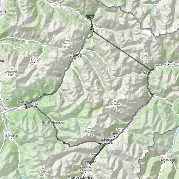 Miniaturní mapa "Náročná cyklistická trasa kolem Samedanu" inspirace pro cyklisty v oblasti Ostschweiz, Switzerland. Vytvořeno pomocí plánovače tras Tarmacs.app