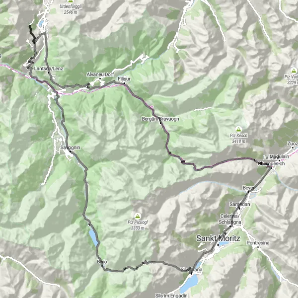 Miniatua del mapa de inspiración ciclista "Ruta de bicicleta de carretera Samedan - Bever" en Ostschweiz, Switzerland. Generado por Tarmacs.app planificador de rutas ciclistas