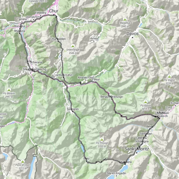 Miniatura della mappa di ispirazione al ciclismo "Giro in bicicletta da Samedan lungo la strada" nella regione di Ostschweiz, Switzerland. Generata da Tarmacs.app, pianificatore di rotte ciclistiche