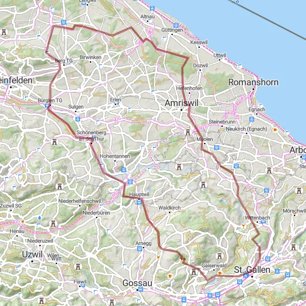 Miniatua del mapa de inspiración ciclista "Ruta Gaiserwald - Biotop - Mündung Sitter in Thur - Bürglen TG - Bommen - Amriswil - Aussichtspunkt Kastenberg - Wittenbach en gravilla" en Ostschweiz, Switzerland. Generado por Tarmacs.app planificador de rutas ciclistas