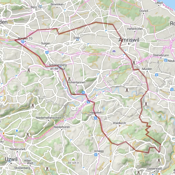 Mapa miniatúra "Gravel trasa cez Biotop a Amriswil" cyklistická inšpirácia v Ostschweiz, Switzerland. Vygenerované cyklistickým plánovačom trás Tarmacs.app