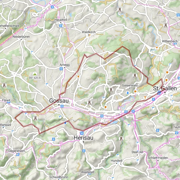 Miniatua del mapa de inspiración ciclista "Ruta de grava a través de Herisau y Engelburg" en Ostschweiz, Switzerland. Generado por Tarmacs.app planificador de rutas ciclistas