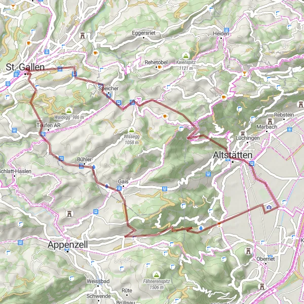 Map miniature of "Mountains and Valleys Gravel Loop" cycling inspiration in Ostschweiz, Switzerland. Generated by Tarmacs.app cycling route planner