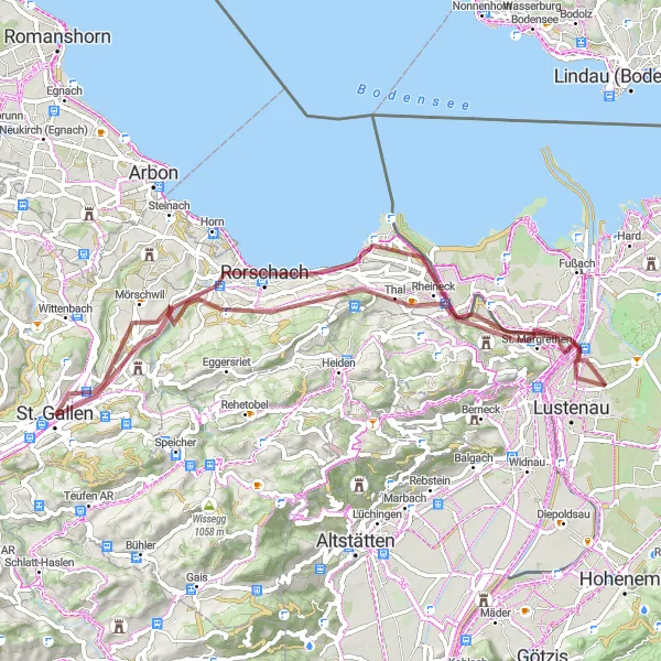 Map miniature of "Lakeside and Countryside Gravel Loop" cycling inspiration in Ostschweiz, Switzerland. Generated by Tarmacs.app cycling route planner