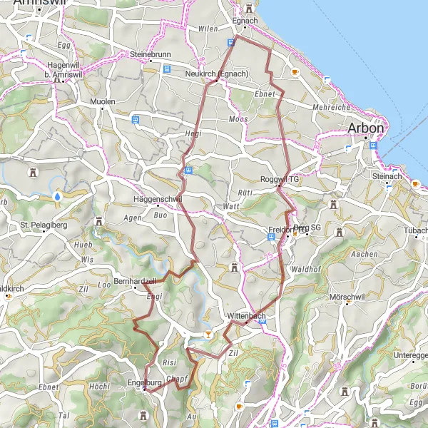 Zemljevid v pomanjšavi "Raziskovanje narave in zgodovine vzhodne Švice" kolesarske inspiracije v Ostschweiz, Switzerland. Generirano z načrtovalcem kolesarskih poti Tarmacs.app