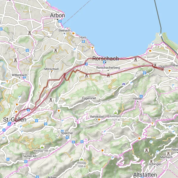 Zemljevid v pomanjšavi "Gorska avantura v bližini Sankt Gallena" kolesarske inspiracije v Ostschweiz, Switzerland. Generirano z načrtovalcem kolesarskih poti Tarmacs.app