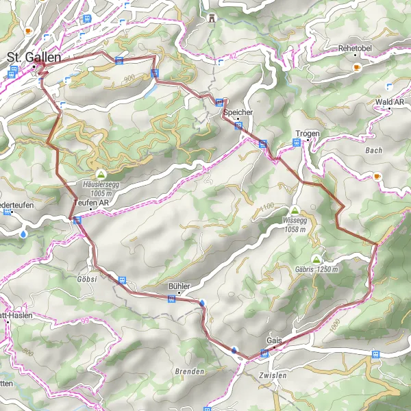 Mapa miniatúra "Gravelová cesta okolo Sankt Gallen" cyklistická inšpirácia v Ostschweiz, Switzerland. Vygenerované cyklistickým plánovačom trás Tarmacs.app
