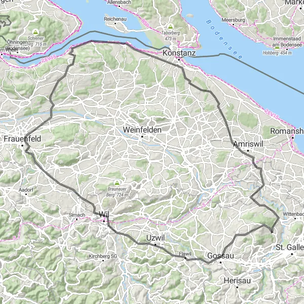 Miniatura della mappa di ispirazione al ciclismo "Giro in bicicletta attraverso Sankt Gallen e dintorni" nella regione di Ostschweiz, Switzerland. Generata da Tarmacs.app, pianificatore di rotte ciclistiche