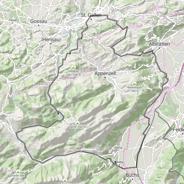 Miniatura della mappa di ispirazione al ciclismo "Giro in bicicletta panoramico da Sankt Gallen" nella regione di Ostschweiz, Switzerland. Generata da Tarmacs.app, pianificatore di rotte ciclistiche