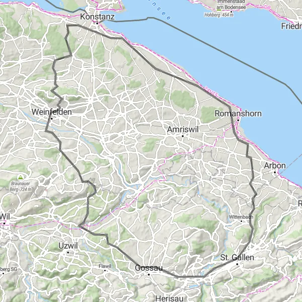Mapa miniatúra "Okruh cez Gossau a Weinfelden" cyklistická inšpirácia v Ostschweiz, Switzerland. Vygenerované cyklistickým plánovačom trás Tarmacs.app