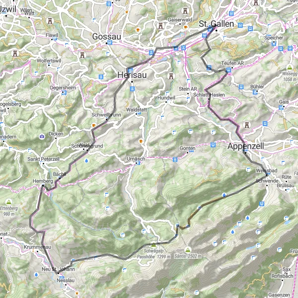Miniatura della mappa di ispirazione al ciclismo "Giro in bicicletta da Sankt Gallen" nella regione di Ostschweiz, Switzerland. Generata da Tarmacs.app, pianificatore di rotte ciclistiche