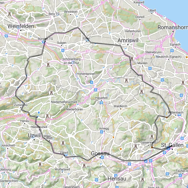 Miniatura mapy "Trasa w okolicach Sankt Gallen - Flawil - Geissberg - Wuppenau - Erlen - Gewerbeturm Amriswil - Häggenschwil - Aussichtspunkt Kastenberg - Gaiserwald" - trasy rowerowej w Ostschweiz, Switzerland. Wygenerowane przez planer tras rowerowych Tarmacs.app