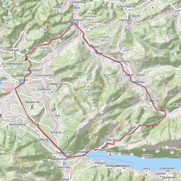 Mapa miniatúra "Gravelový okruh cez vrchol Biberlichopf" cyklistická inšpirácia v Ostschweiz, Switzerland. Vygenerované cyklistickým plánovačom trás Tarmacs.app