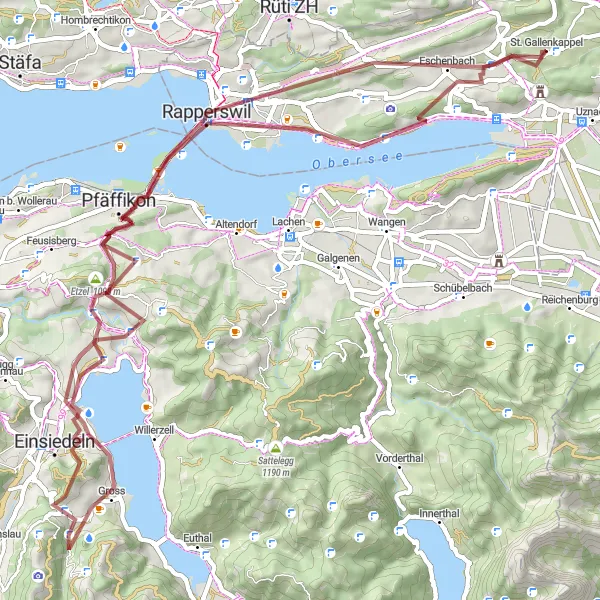 Miniature de la carte de l'inspiration cycliste "Les montagnes et les lacs autour d'Einsiedeln" dans la Ostschweiz, Switzerland. Générée par le planificateur d'itinéraire cycliste Tarmacs.app