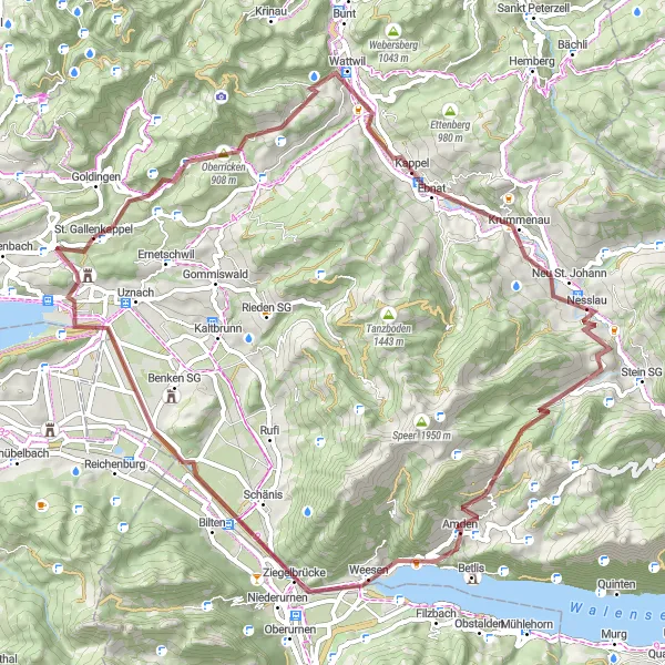 Miniatua del mapa de inspiración ciclista "Ruta Gravel de Sankt Gallenkappel" en Ostschweiz, Switzerland. Generado por Tarmacs.app planificador de rutas ciclistas