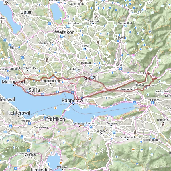 Kartminiatyr av "Eventyr langs Lake Zurich og St. Gallenkappel" sykkelinspirasjon i Ostschweiz, Switzerland. Generert av Tarmacs.app sykkelrutoplanlegger