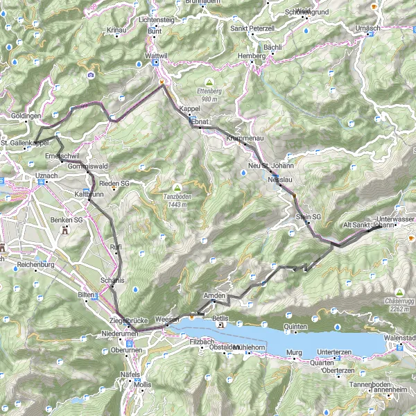 Miniatura della mappa di ispirazione al ciclismo "Avventura in bicicletta nei pressi di Sankt Gallenkappel" nella regione di Ostschweiz, Switzerland. Generata da Tarmacs.app, pianificatore di rotte ciclistiche