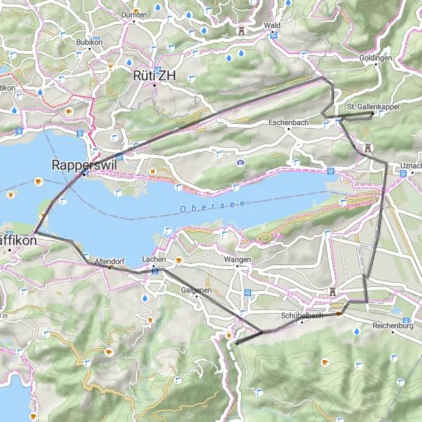 Zemljevid v pomanjšavi "Kolesarjenje ob jezeru" kolesarske inspiracije v Ostschweiz, Switzerland. Generirano z načrtovalcem kolesarskih poti Tarmacs.app