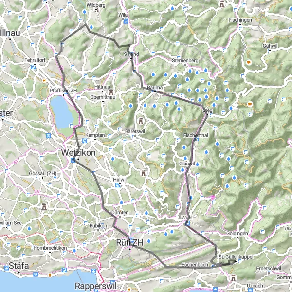 Miniature de la carte de l'inspiration cycliste "Campagne et châteaux autour de Rüti ZH" dans la Ostschweiz, Switzerland. Générée par le planificateur d'itinéraire cycliste Tarmacs.app