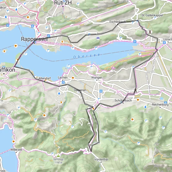 Zemljevid v pomanjšavi "Okolica Eschenbach" kolesarske inspiracije v Ostschweiz, Switzerland. Generirano z načrtovalcem kolesarskih poti Tarmacs.app