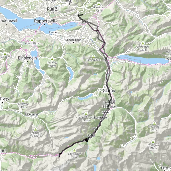 Karttaminiaatyyri "Sankt Gallenkappel - Schänis - Näfels - Betschwanden - Rietstöckli - Urnerboden - Linthal - Glarus - Bilten - Uznach Retkipolku (Tiepyöräily)" pyöräilyinspiraatiosta alueella Ostschweiz, Switzerland. Luotu Tarmacs.app pyöräilyreittisuunnittelijalla