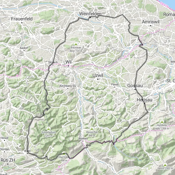 Miniatura della mappa di ispirazione al ciclismo "Epica avventura ciclistica attraverso le campagne di Sankt Gallenkappel" nella regione di Ostschweiz, Switzerland. Generata da Tarmacs.app, pianificatore di rotte ciclistiche