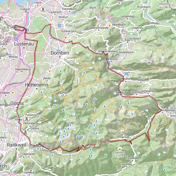 Mapa miniatúra "Gravel Adventure to Laterns" cyklistická inšpirácia v Ostschweiz, Switzerland. Vygenerované cyklistickým plánovačom trás Tarmacs.app