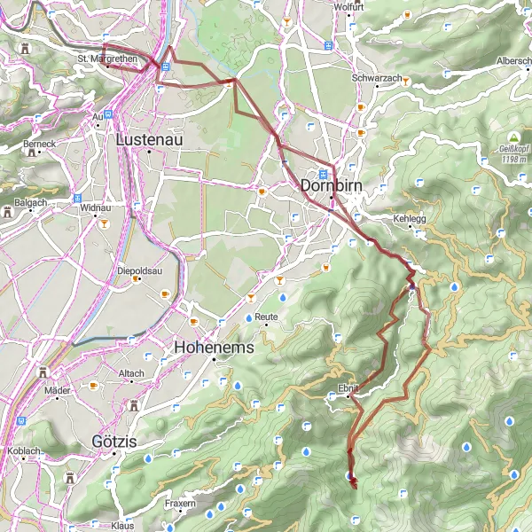 Miniatua del mapa de inspiración ciclista "Ruta de Grava Hatlerdorf - Höchst" en Ostschweiz, Switzerland. Generado por Tarmacs.app planificador de rutas ciclistas