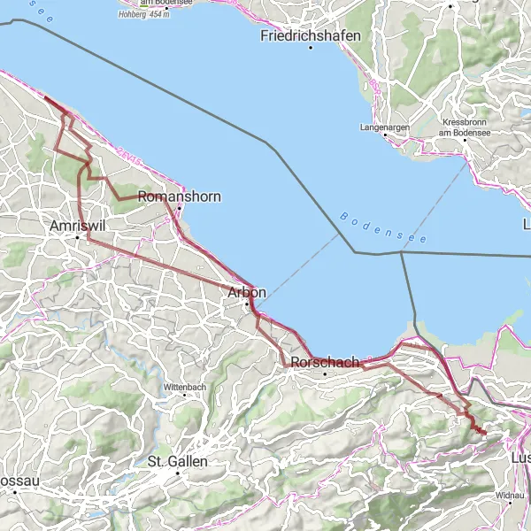 Map miniature of "Gravel Excursion through St. Margrethen and Rheineck" cycling inspiration in Ostschweiz, Switzerland. Generated by Tarmacs.app cycling route planner