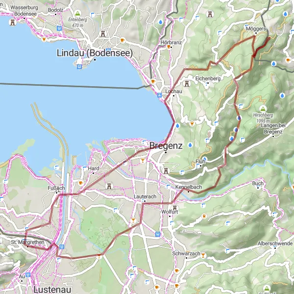 Miniatua del mapa de inspiración ciclista "Aventura en Grava por Bregenz - Wolfurt" en Ostschweiz, Switzerland. Generado por Tarmacs.app planificador de rutas ciclistas