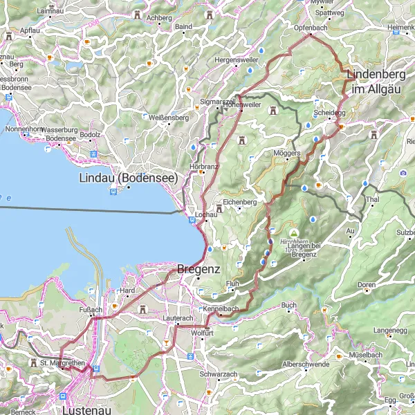 Mapa miniatúra "Gravelová jazda cez Bregenz a Hohenweiler" cyklistická inšpirácia v Ostschweiz, Switzerland. Vygenerované cyklistickým plánovačom trás Tarmacs.app