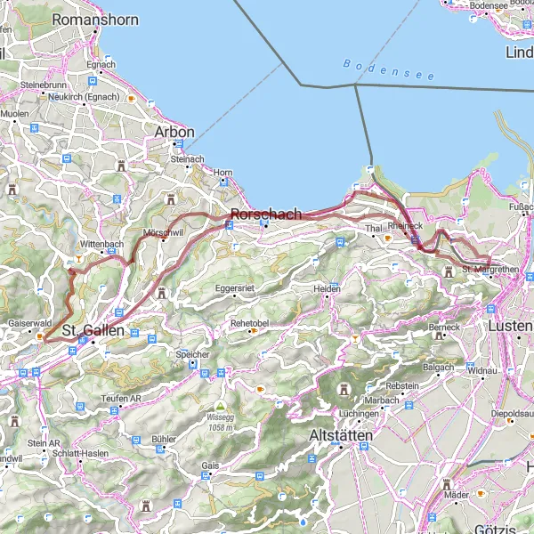 Miniatua del mapa de inspiración ciclista "Explorando St. Margrethen en bicicleta de grava" en Ostschweiz, Switzerland. Generado por Tarmacs.app planificador de rutas ciclistas