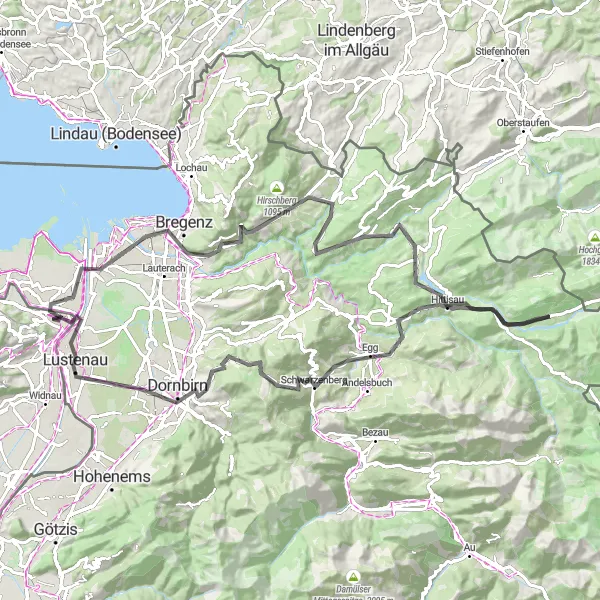 Miniatua del mapa de inspiración ciclista "Desafío en Carretera: Hard - Lustenau" en Ostschweiz, Switzerland. Generado por Tarmacs.app planificador de rutas ciclistas
