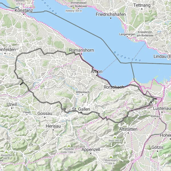 Miniatua del mapa de inspiración ciclista "Ruta de ciclismo de carretera a través de Ostschweiz" en Ostschweiz, Switzerland. Generado por Tarmacs.app planificador de rutas ciclistas