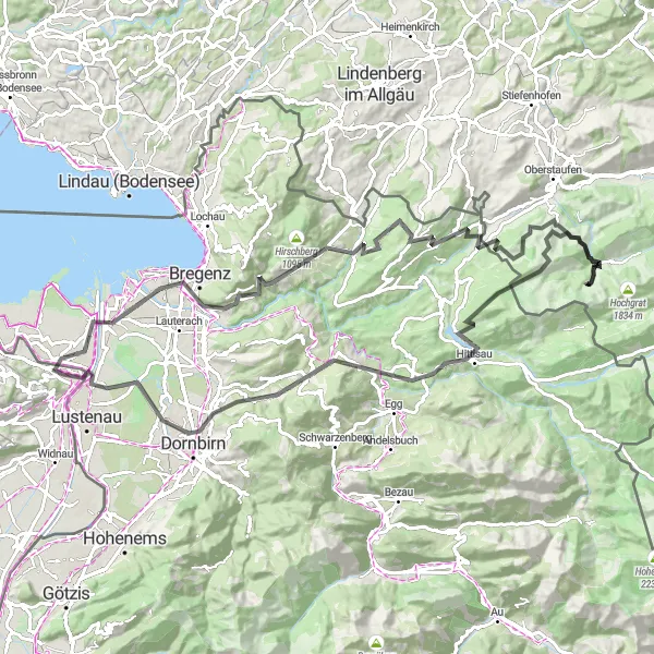 Miniatura della mappa di ispirazione al ciclismo "Tour panoramico da Hard a Dünger und co." nella regione di Ostschweiz, Switzerland. Generata da Tarmacs.app, pianificatore di rotte ciclistiche