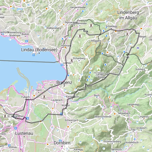 Mapa miniatúra "Cyklistická trasa okolo Sankt Margrethen (cesta)" cyklistická inšpirácia v Ostschweiz, Switzerland. Vygenerované cyklistickým plánovačom trás Tarmacs.app