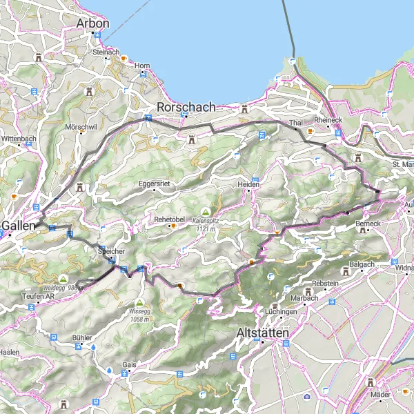 Miniatua del mapa de inspiración ciclista "Ruta escénica en bicicleta de carretera desde Sankt Margrethen" en Ostschweiz, Switzerland. Generado por Tarmacs.app planificador de rutas ciclistas