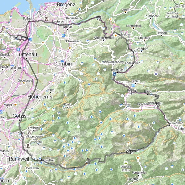 Mapa miniatúra "Panoramatická cesta z Sankt Margrethen" cyklistická inšpirácia v Ostschweiz, Switzerland. Vygenerované cyklistickým plánovačom trás Tarmacs.app