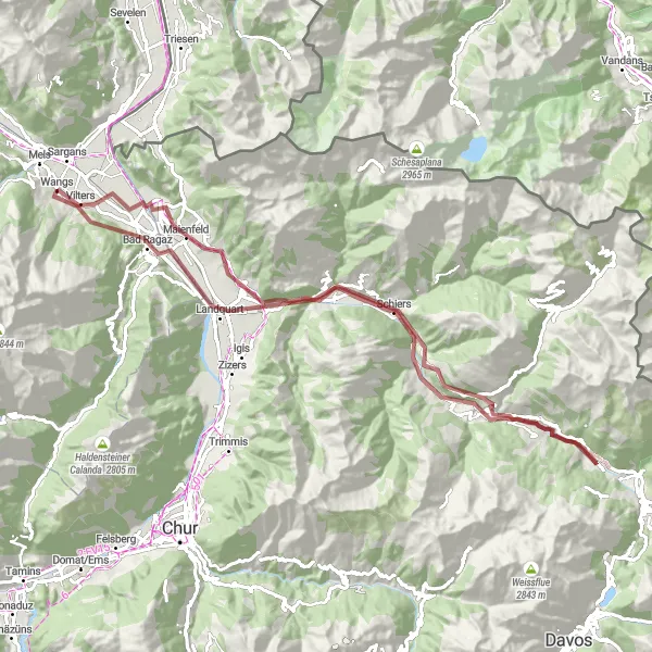 Kartminiatyr av "Sargans - Landquart - Sargans (Grusvei)" sykkelinspirasjon i Ostschweiz, Switzerland. Generert av Tarmacs.app sykkelrutoplanlegger