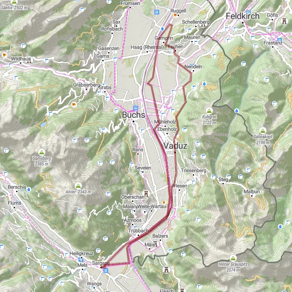 Mapa miniatúra "Gravelová trasa okolo Sargans" cyklistická inšpirácia v Ostschweiz, Switzerland. Vygenerované cyklistickým plánovačom trás Tarmacs.app