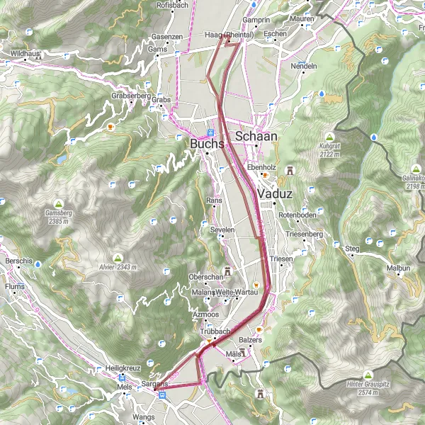 Miniatura della mappa di ispirazione al ciclismo "Avventura sulle colline di Sargans" nella regione di Ostschweiz, Switzerland. Generata da Tarmacs.app, pianificatore di rotte ciclistiche
