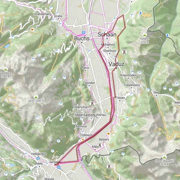Miniatua del mapa de inspiración ciclista "Ruta de Grava en Sargans - Maziferchopf" en Ostschweiz, Switzerland. Generado por Tarmacs.app planificador de rutas ciclistas