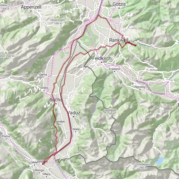 Zemljevid v pomanjšavi "Pustolovska kolesarska tura v okolici Sargansa" kolesarske inspiracije v Ostschweiz, Switzerland. Generirano z načrtovalcem kolesarskih poti Tarmacs.app