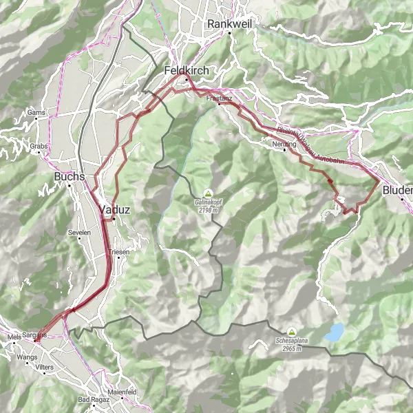 Miniatua del mapa de inspiración ciclista "Ruta de grava pasando por Vaduz, Feldkirch y Triesen" en Ostschweiz, Switzerland. Generado por Tarmacs.app planificador de rutas ciclistas