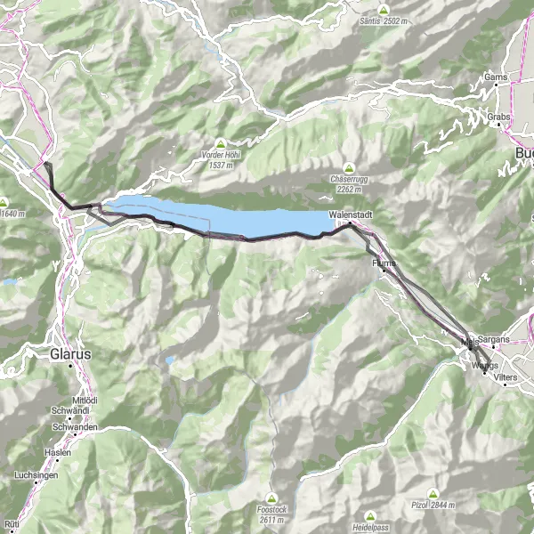 Miniatura della mappa di ispirazione al ciclismo "Tour in bici attraverso Mels, Raischibe e Tierget" nella regione di Ostschweiz, Switzerland. Generata da Tarmacs.app, pianificatore di rotte ciclistiche