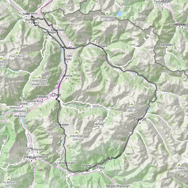 Miniatuurkaart van de fietsinspiratie "Wegroute naar Davos en Chur" in Ostschweiz, Switzerland. Gemaakt door de Tarmacs.app fietsrouteplanner