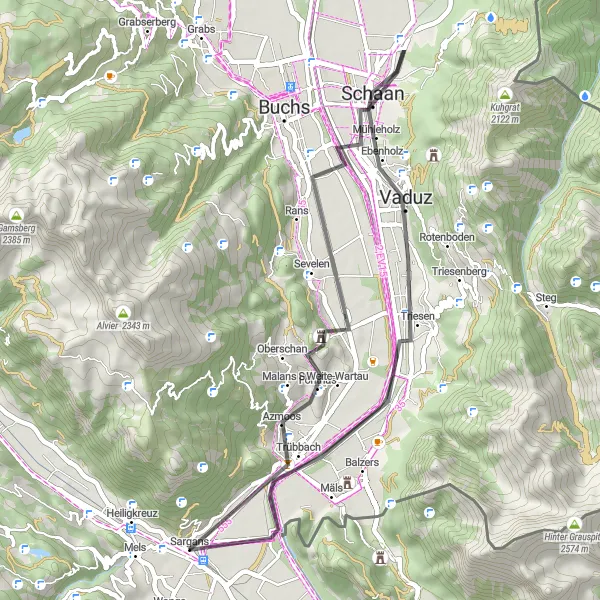 Miniatua del mapa de inspiración ciclista "Ruta de carretera a través de Sevelen y Vaduz" en Ostschweiz, Switzerland. Generado por Tarmacs.app planificador de rutas ciclistas