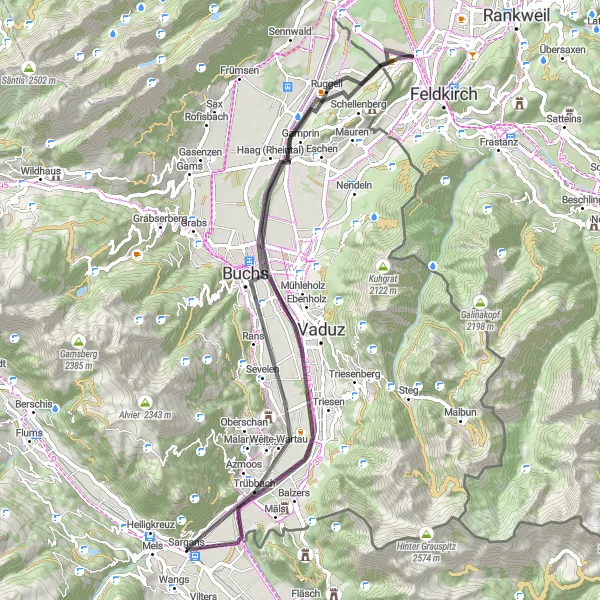 Zemljevid v pomanjšavi "Relaxing road cycling loop near Sargans" kolesarske inspiracije v Ostschweiz, Switzerland. Generirano z načrtovalcem kolesarskih poti Tarmacs.app