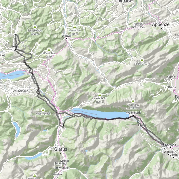 Miniatura della mappa di ispirazione al ciclismo "Giro in bicicletta attraverso St. Georgen, Weesen e Biberlichopf" nella regione di Ostschweiz, Switzerland. Generata da Tarmacs.app, pianificatore di rotte ciclistiche